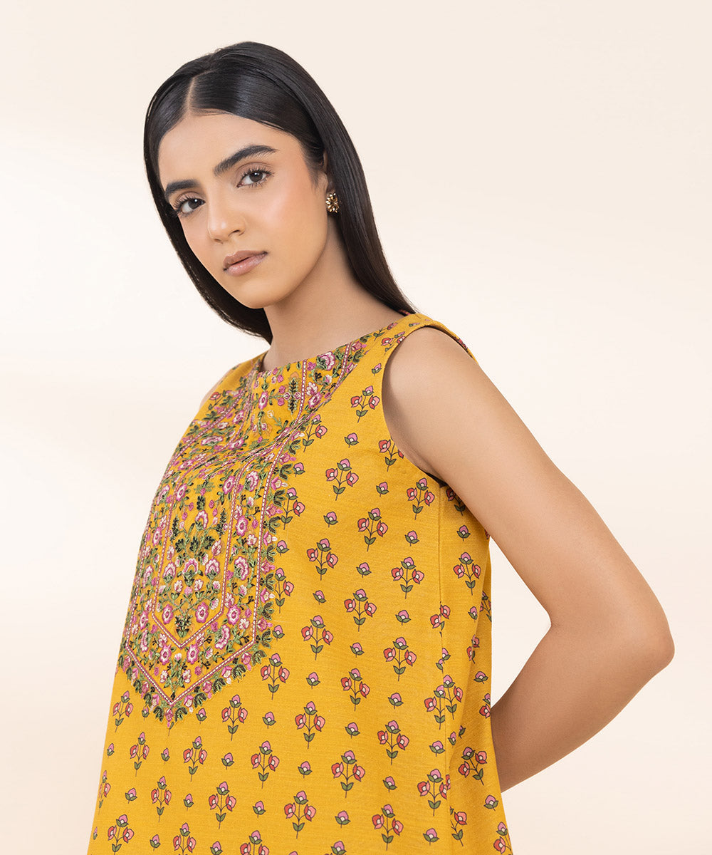 Women's Unstitched Khaddar Embroidered Yellow 2 Piece Suit