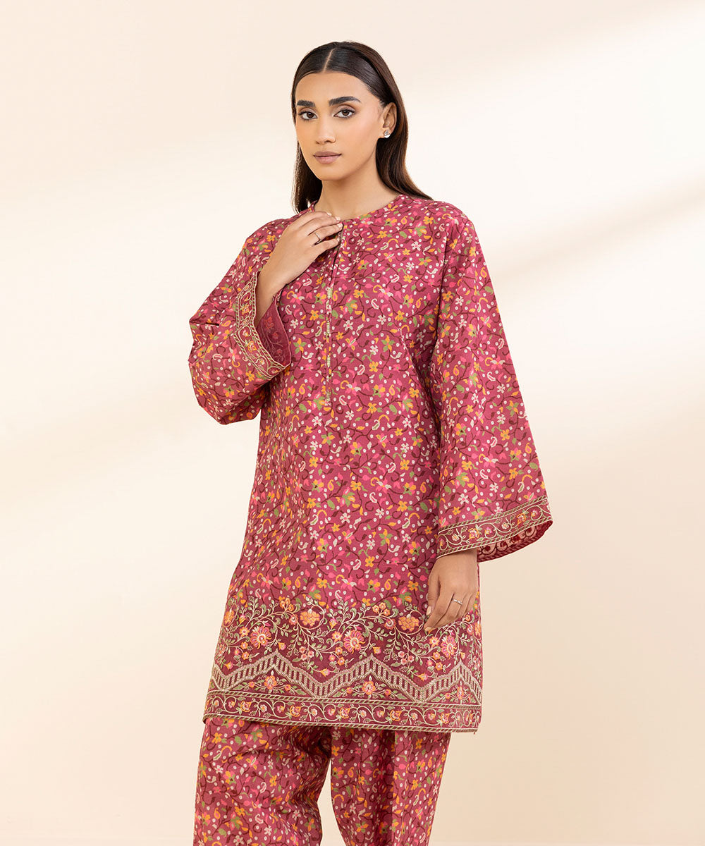 Women's Unstitched Khaddar Embroidered Red 2 Piece Suit