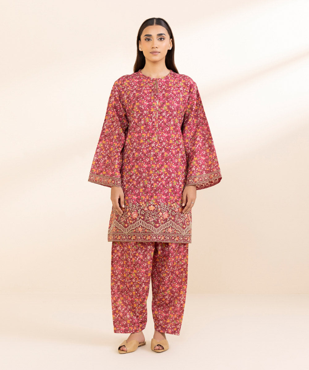 Women's Unstitched Khaddar Embroidered Red 2 Piece Suit