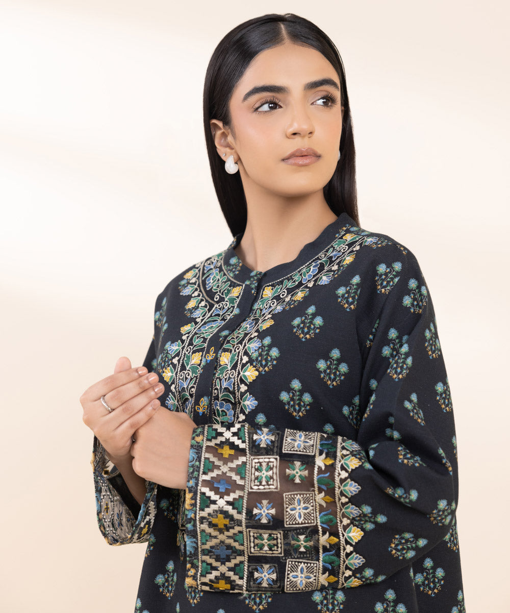 Women's Unstitched Khaddar Embroidered Black 2 Piece Suit