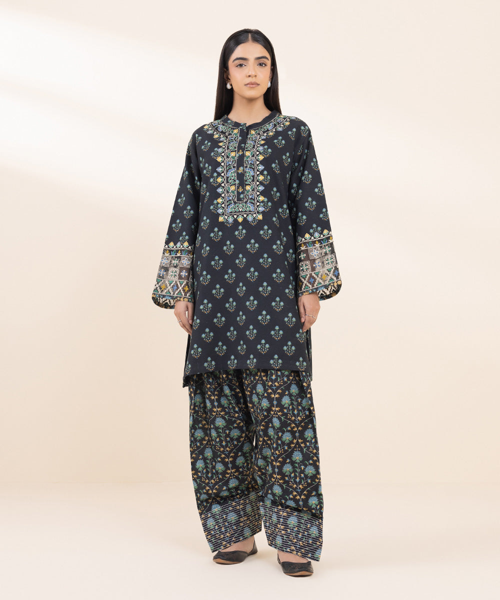 Women's Unstitched Khaddar Embroidered Black 2 Piece Suit