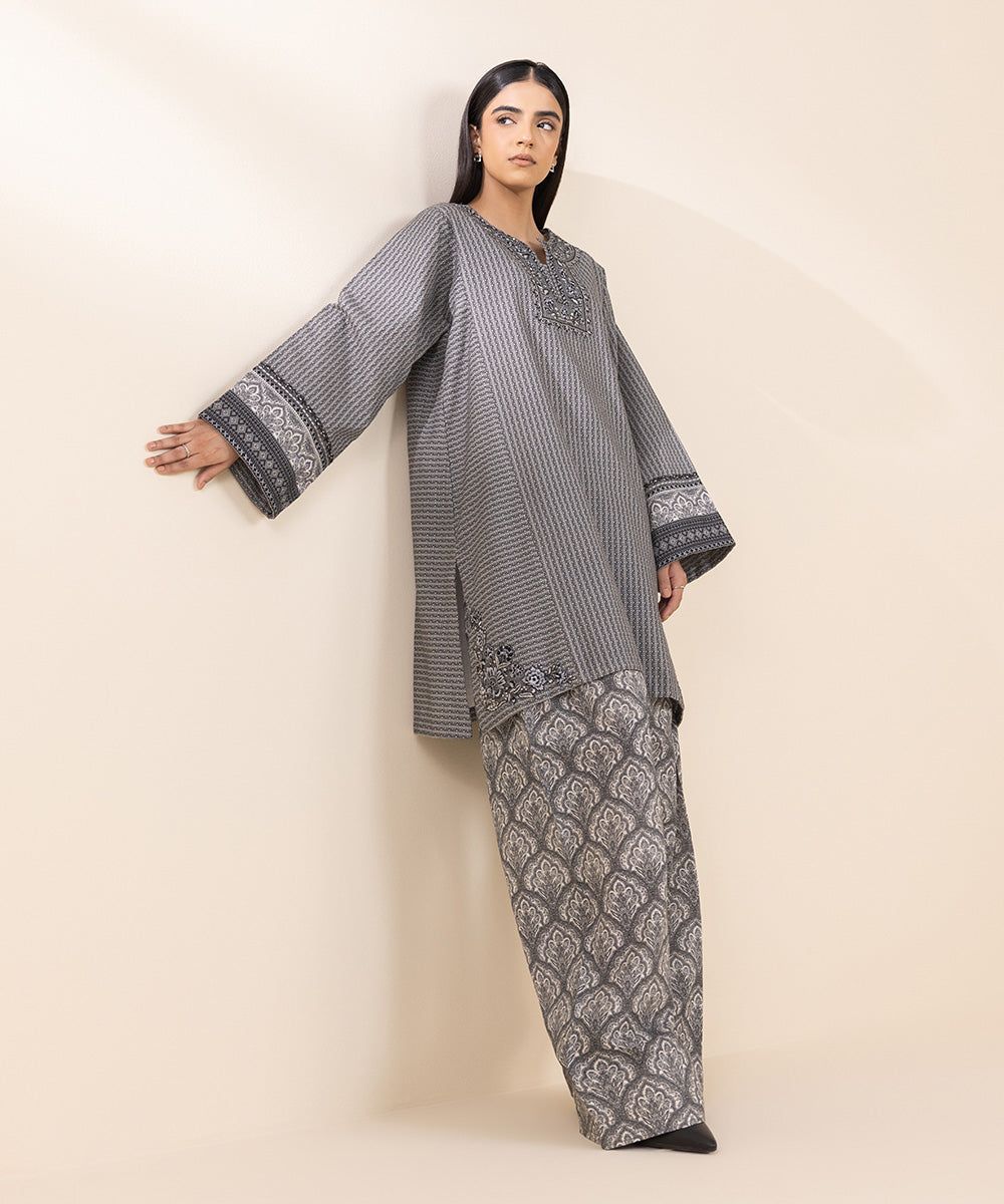 Women's Unstitched Khaddar Embroidered Grey 2 Piece Suit