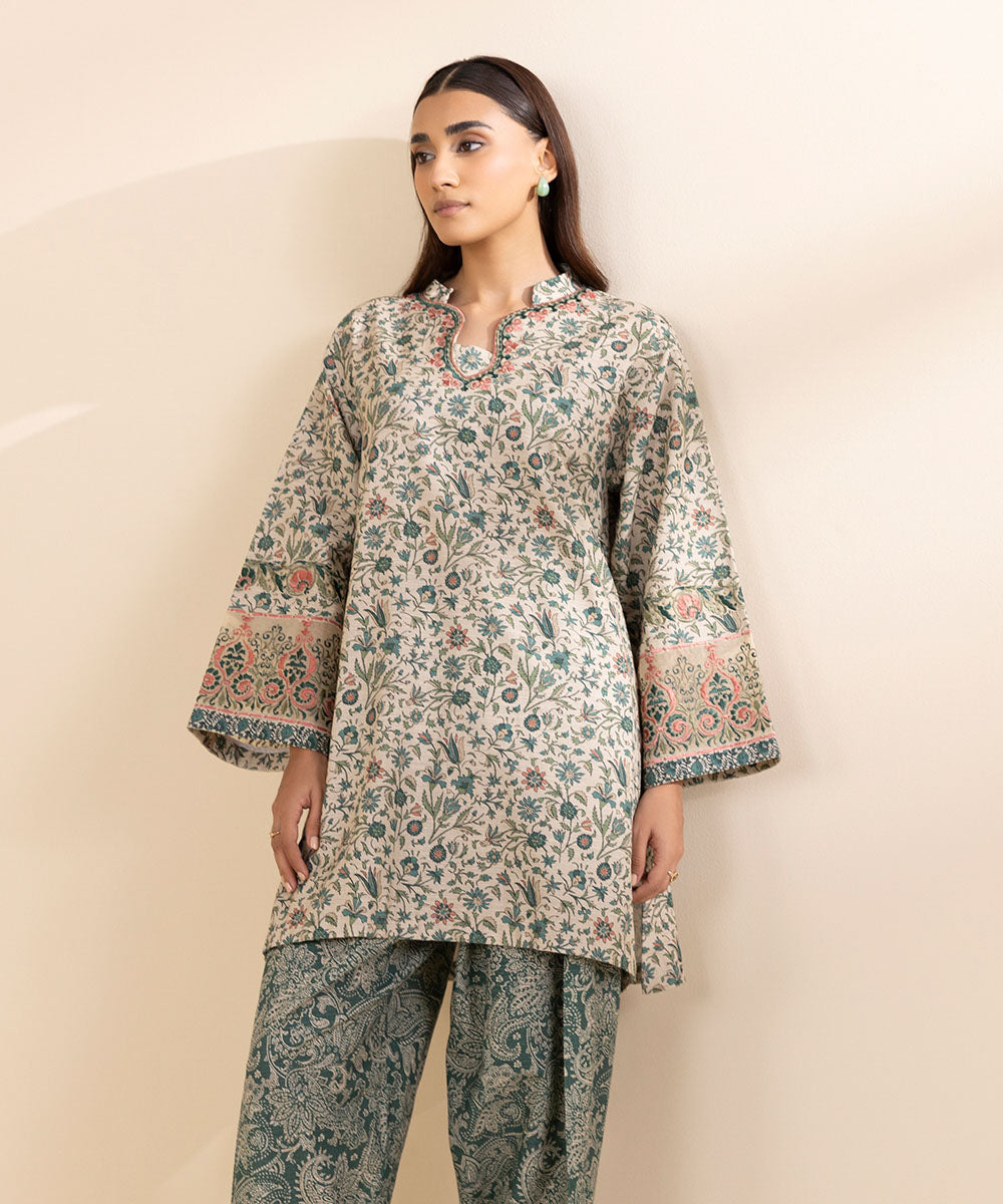 Women's Unstitched Khaddar Embroidered Green 2 Piece Suit