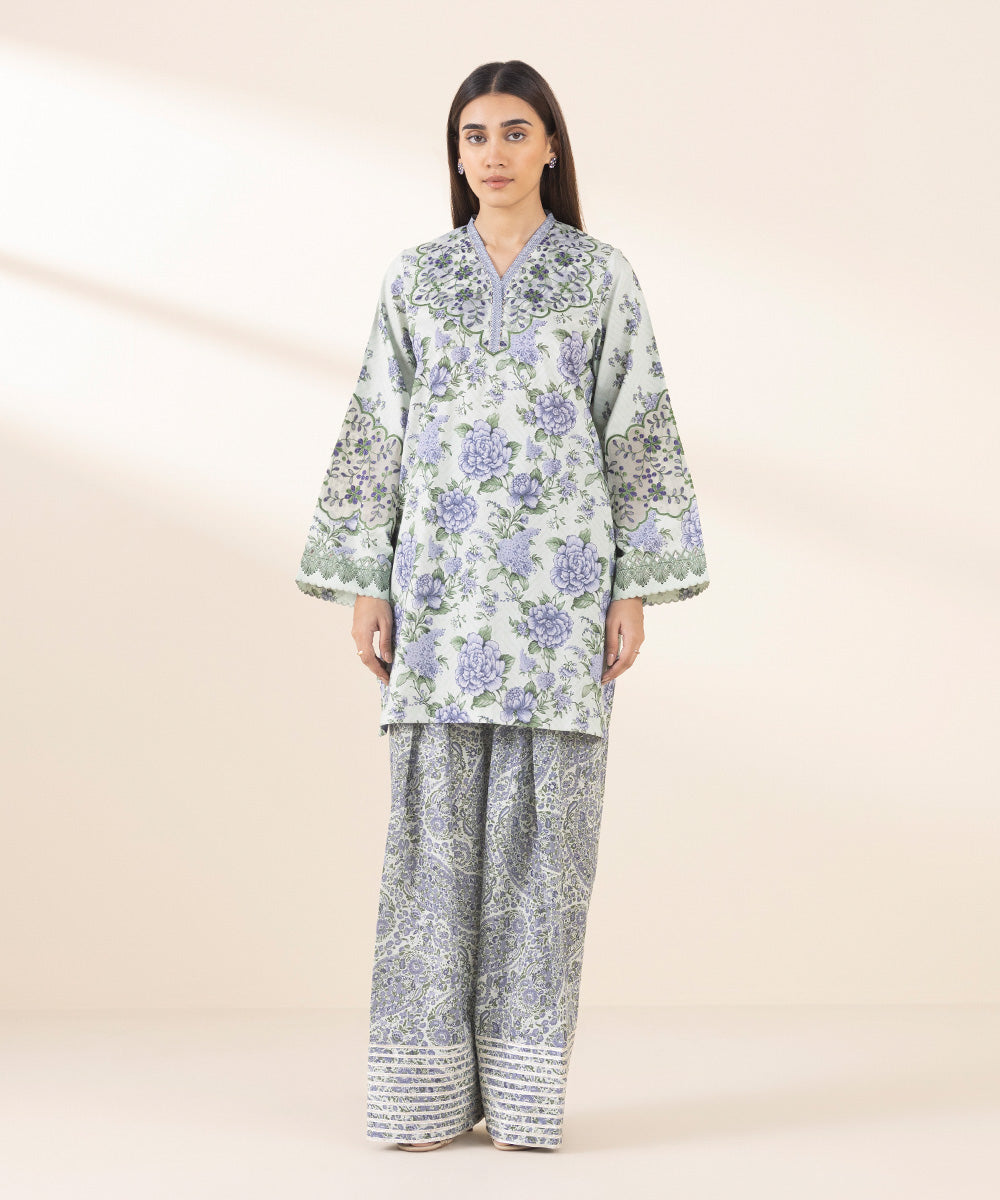 Women's Unstitched Lawn Embroidered Blue 2 Piece Suit