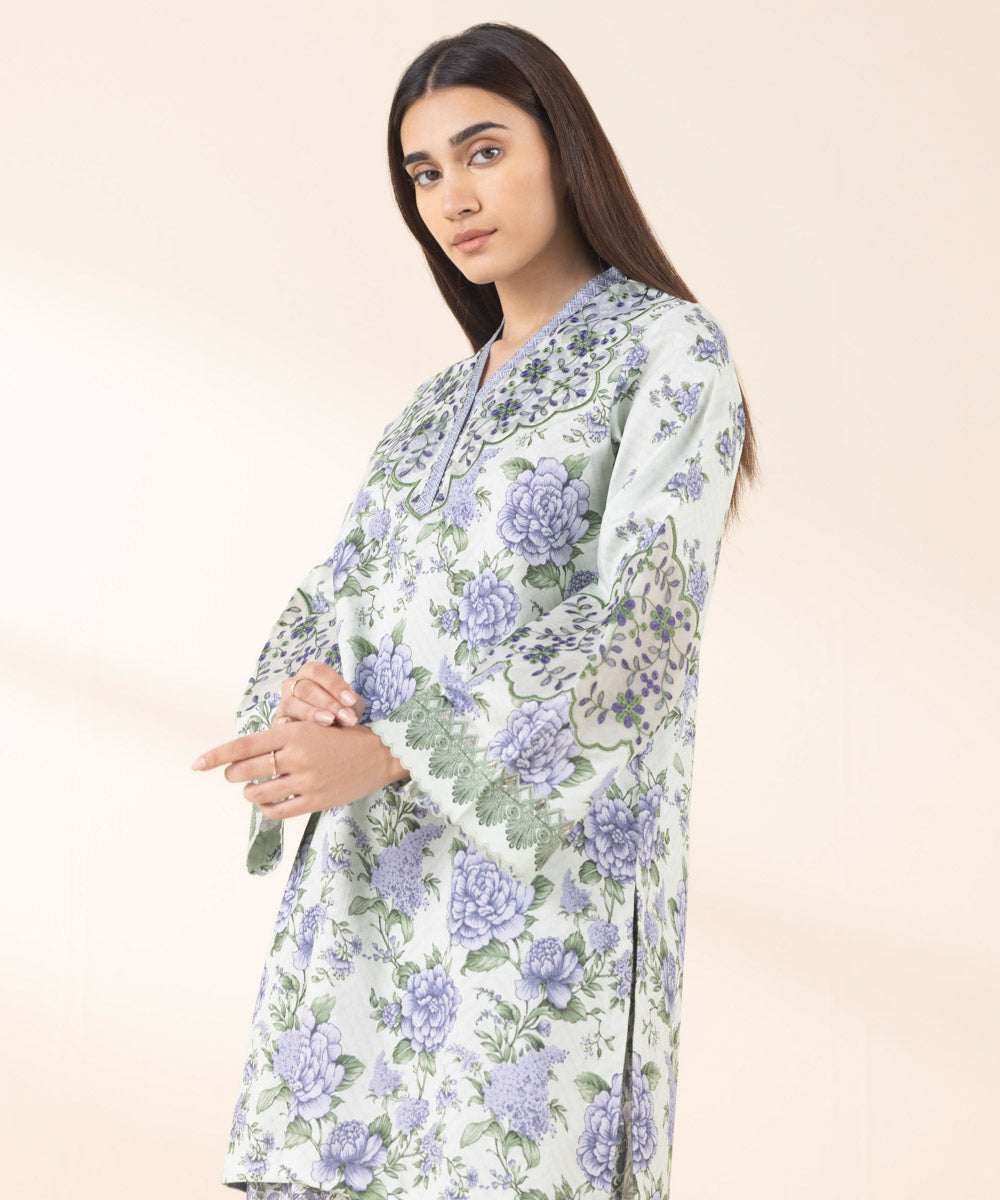 Women's Unstitched Lawn Embroidered Blue 2 Piece Suit