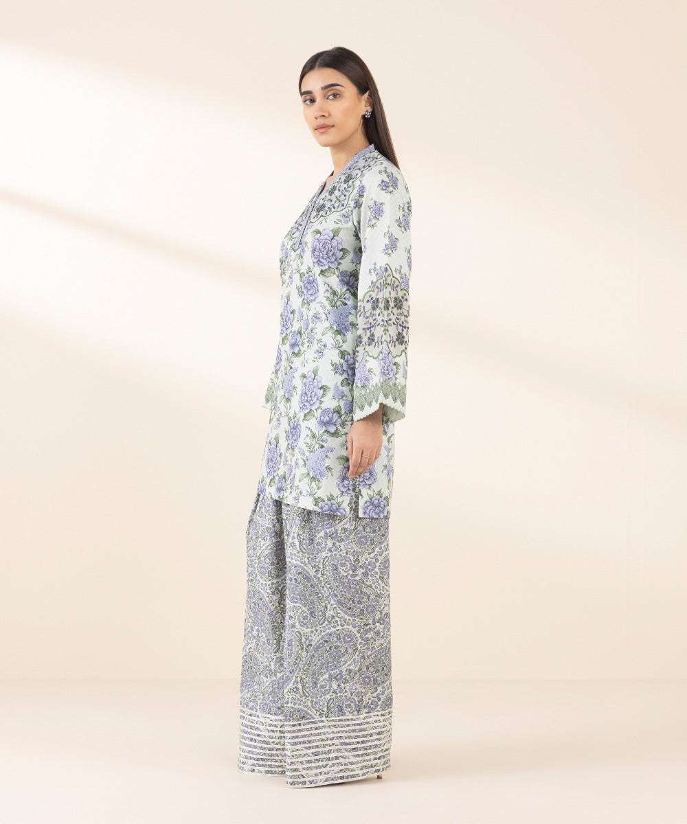 Women's Unstitched Lawn Embroidered Blue 2 Piece Suit