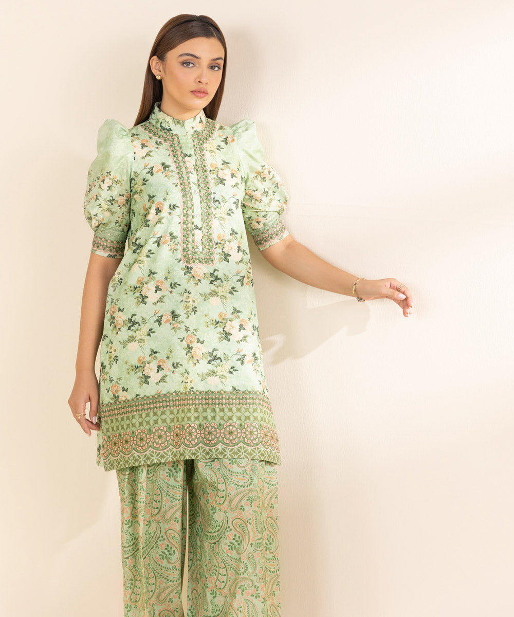 Women's Unstitched Zari Lawn Embroidered Green 2 Piece Suit