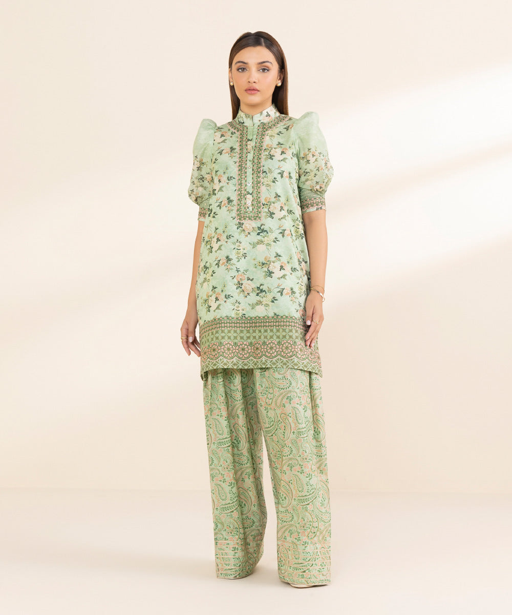 Women's Unstitched Zari Lawn Embroidered Green 2 Piece Suit