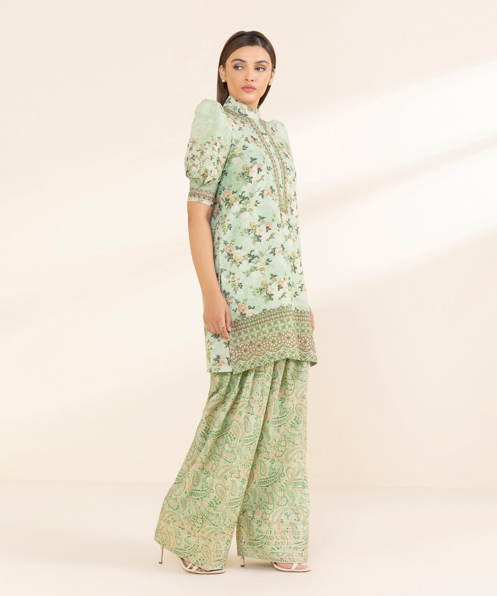 Women's Unstitched Zari Lawn Embroidered Green 2 Piece Suit