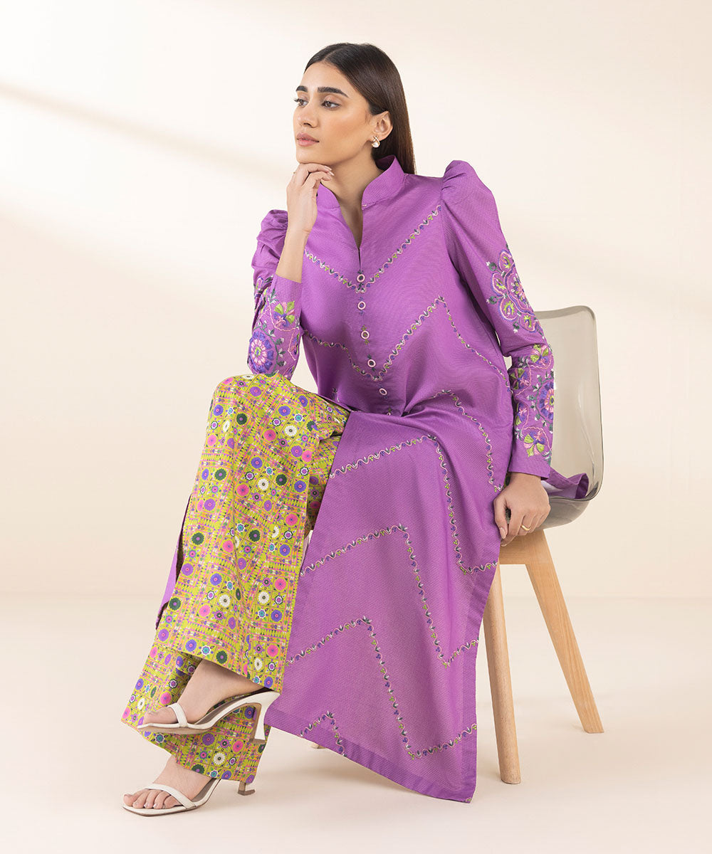 Women's Unstitched Zari Lawn Embroidered Purple 2 Piece Suit