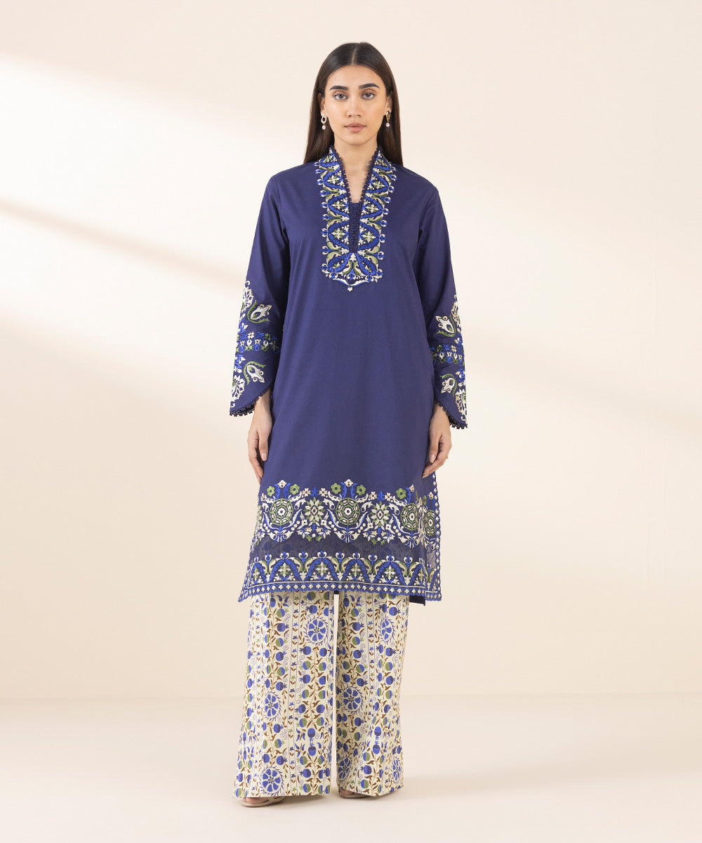 Women's Unstitched Lawn Embroidered Blue 2 Piece Suit