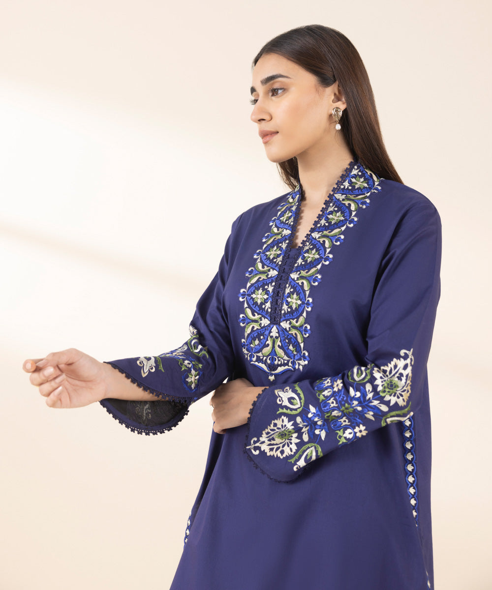 Women's Unstitched Lawn Embroidered Blue 2 Piece Suit