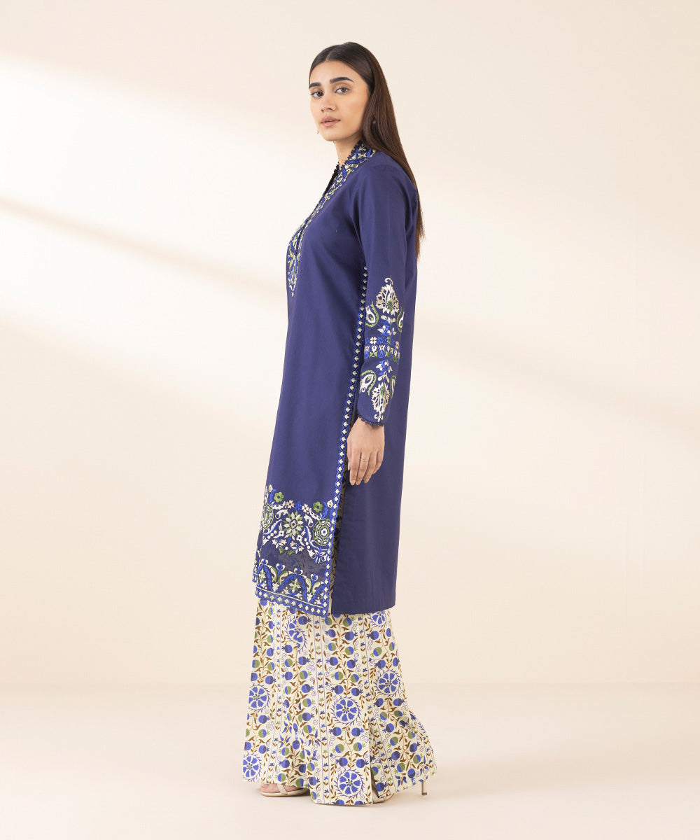 Women's Unstitched Lawn Embroidered Blue 2 Piece Suit