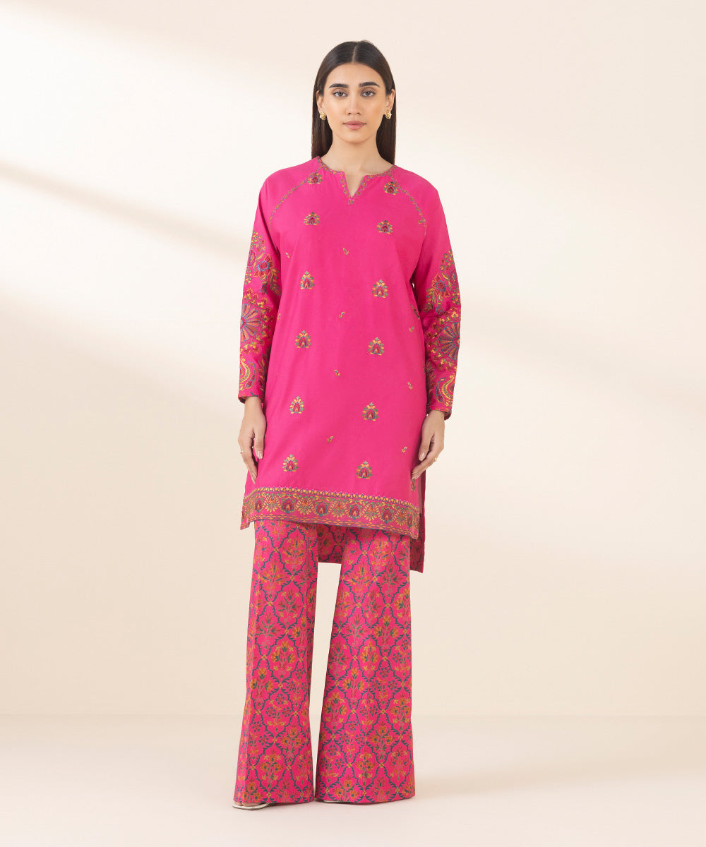 Women's Unstitched Lawn Embroidered Pink 2 Piece Suit