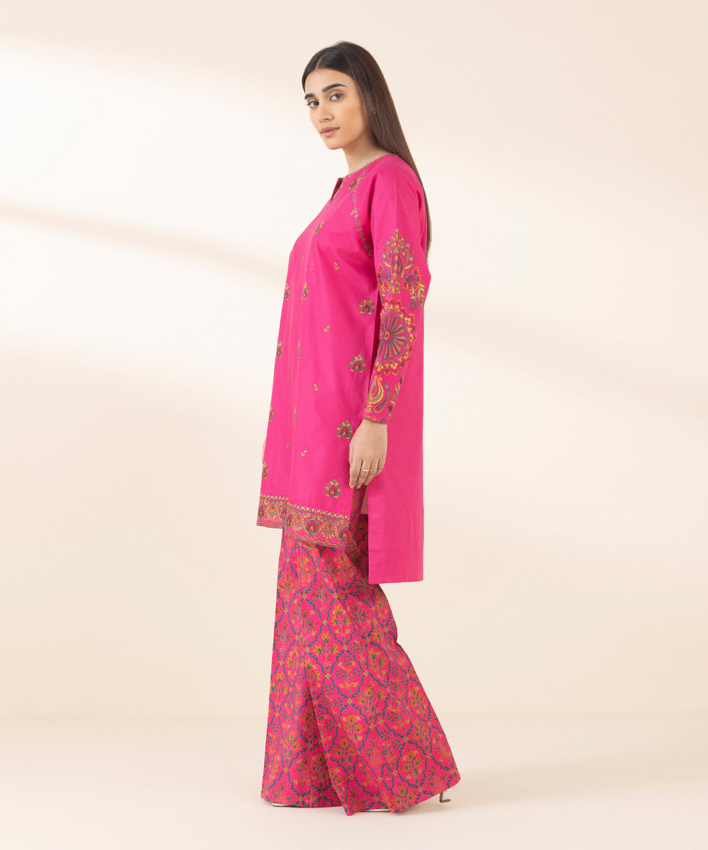 Women's Unstitched Lawn Embroidered Pink 2 Piece Suit