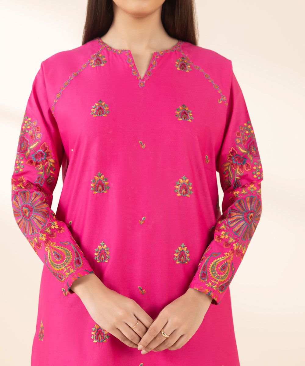 Women's Unstitched Lawn Embroidered Pink 2 Piece Suit