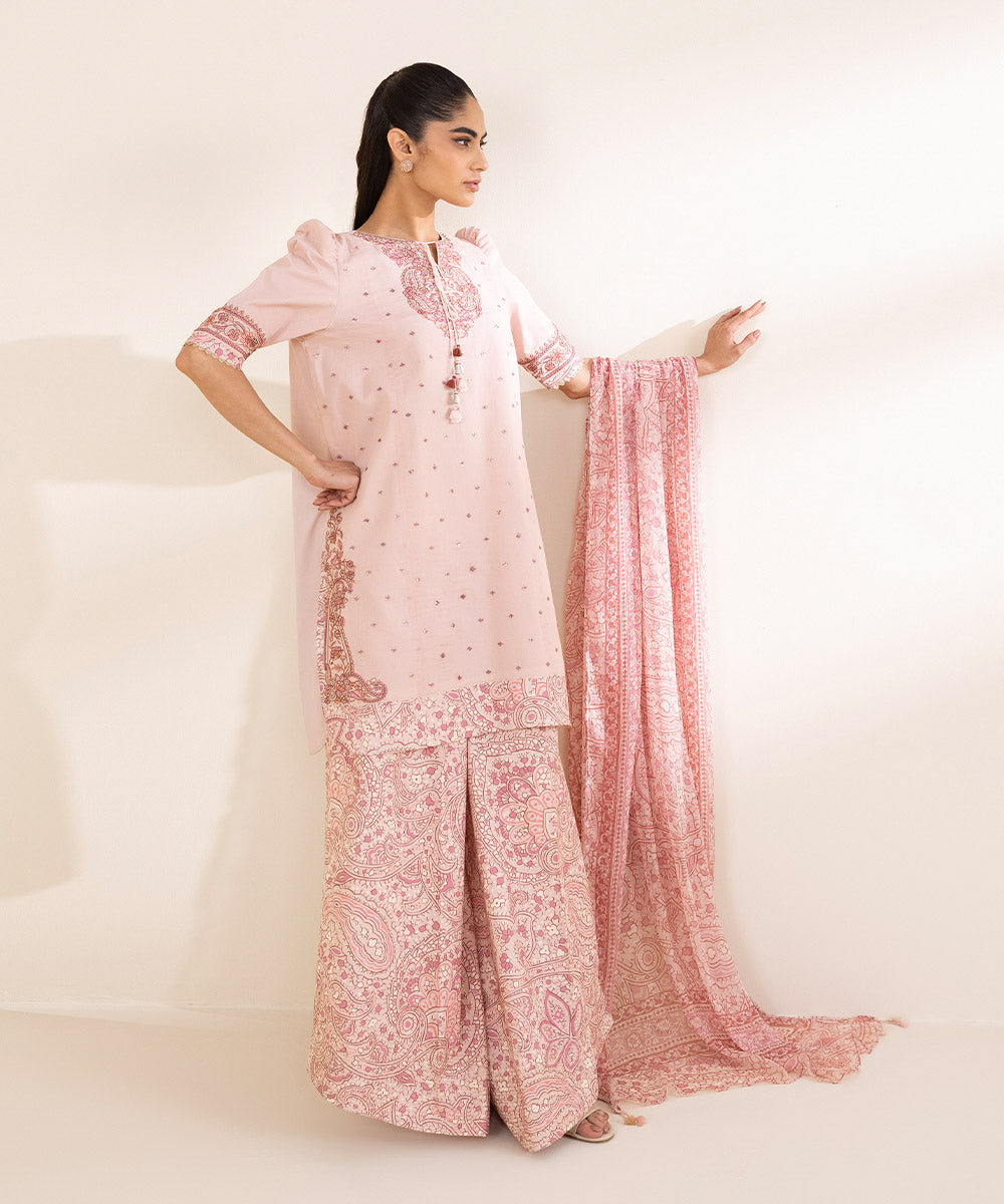 Unstitched Women's Embroidered Textured Lawn Pink Three Piece Suit 