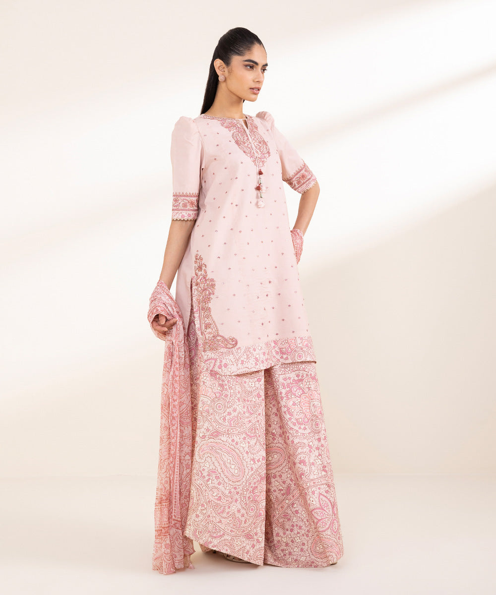 Unstitched Women's Embroidered Textured Lawn Pink Three Piece Suit 