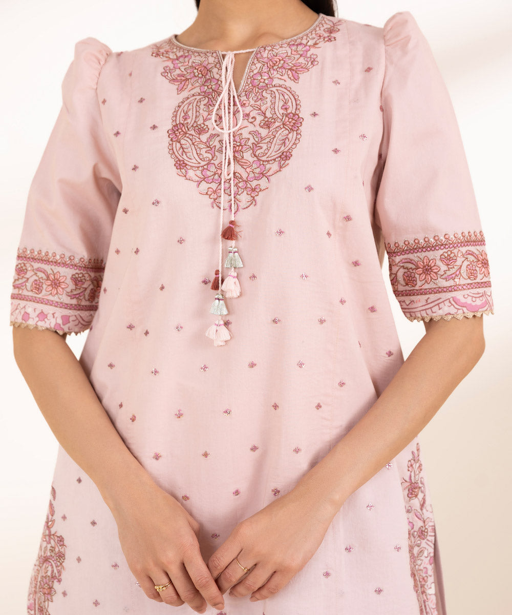 Unstitched Women's Embroidered Textured Lawn Pink Three Piece Suit 