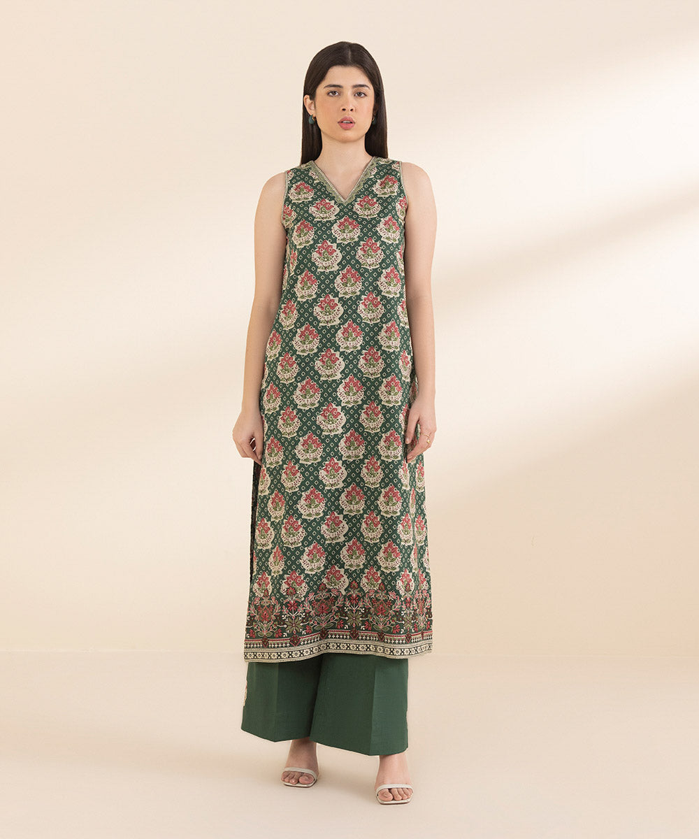 Unstitched Women's Embroidered Lawn Green Shirt Trousers