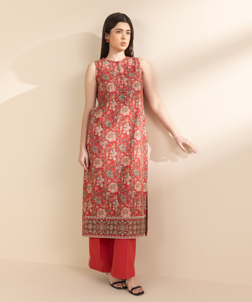 Unstitched Women's Embroidered Lawn Red Shirt Trousers