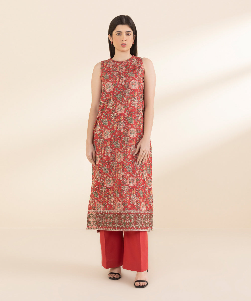 Unstitched Women's Embroidered Lawn Red Shirt Trousers