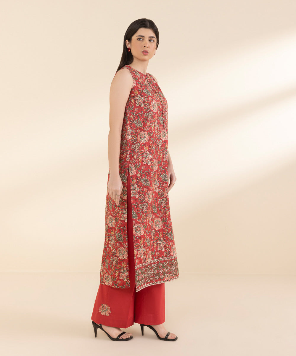 Unstitched Women's Embroidered Lawn Red Shirt Trousers