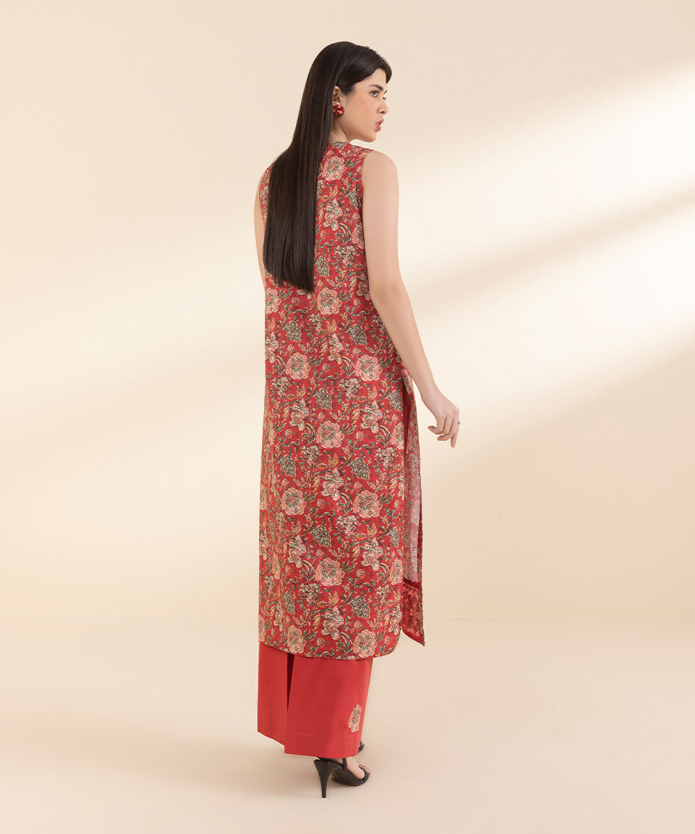 Unstitched Women's Embroidered Lawn Red Shirt Trousers