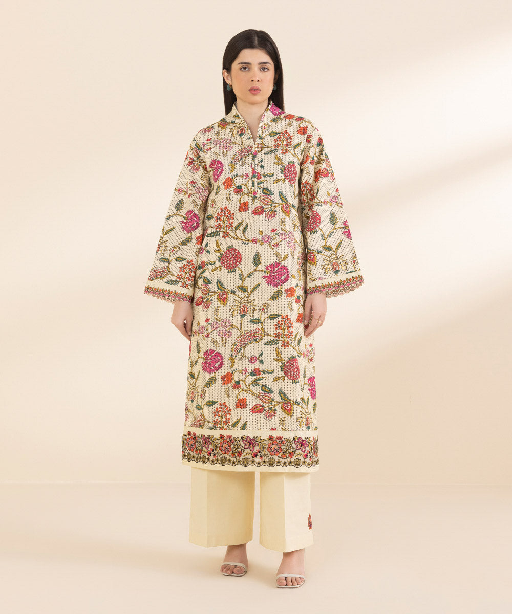 Unstitched Women's Embroidered Lawn Beige Shirt Trousers