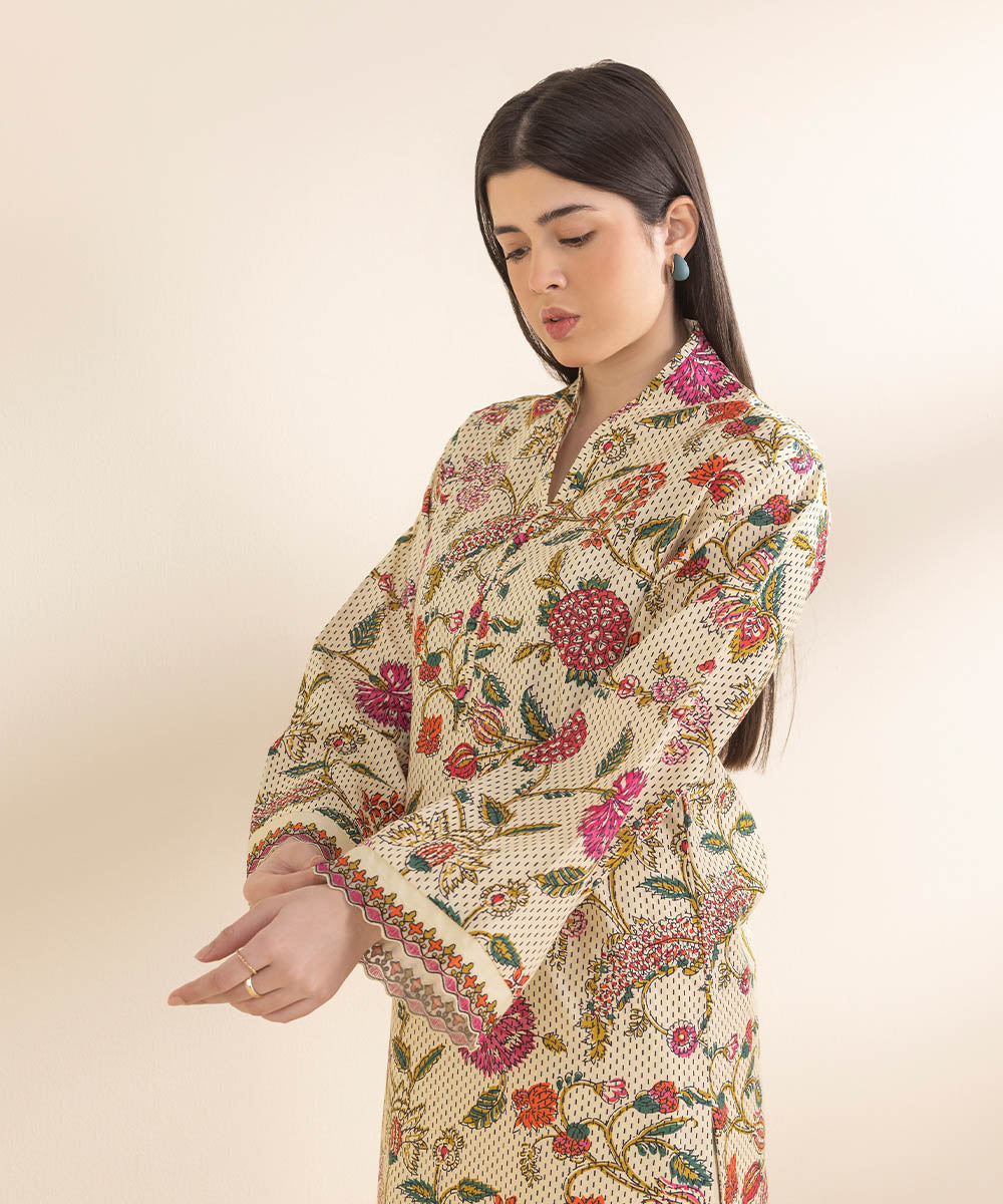 Unstitched Women's Embroidered Lawn Beige Shirt Trousers