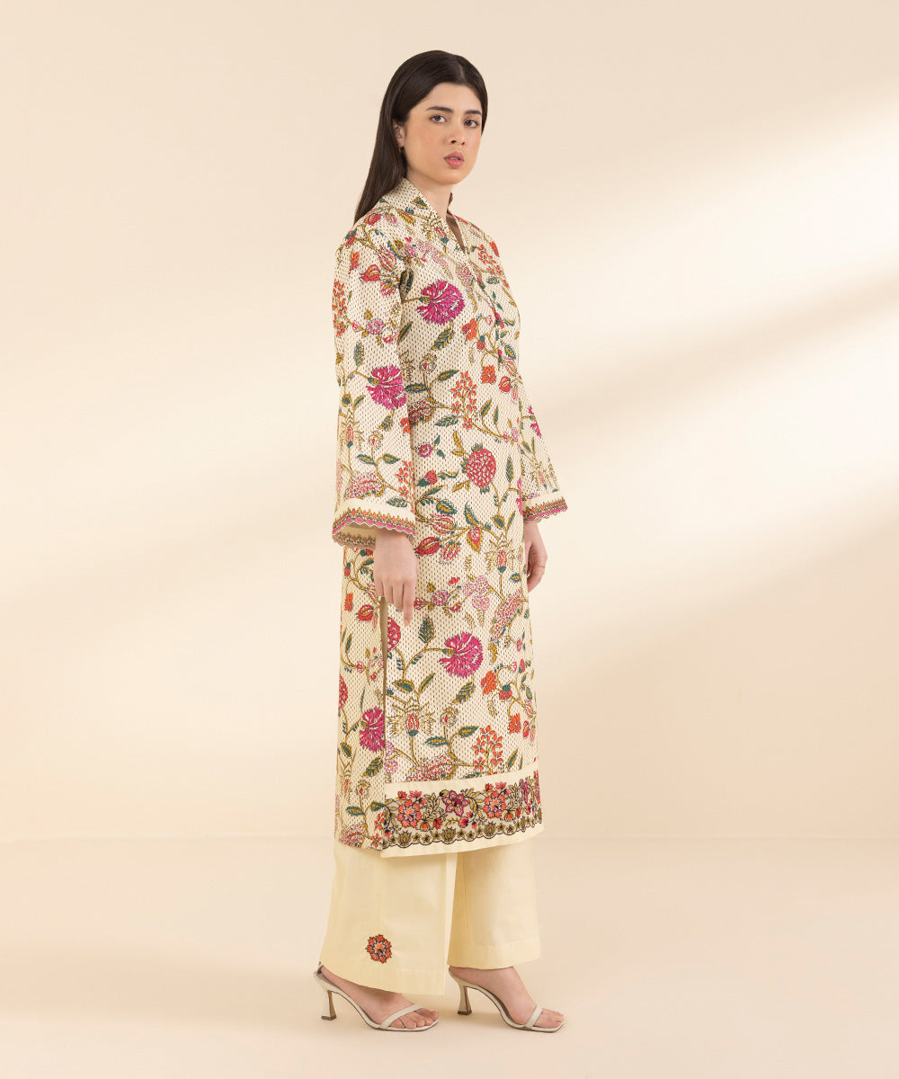 Unstitched Women's Embroidered Lawn Beige Shirt Trousers
