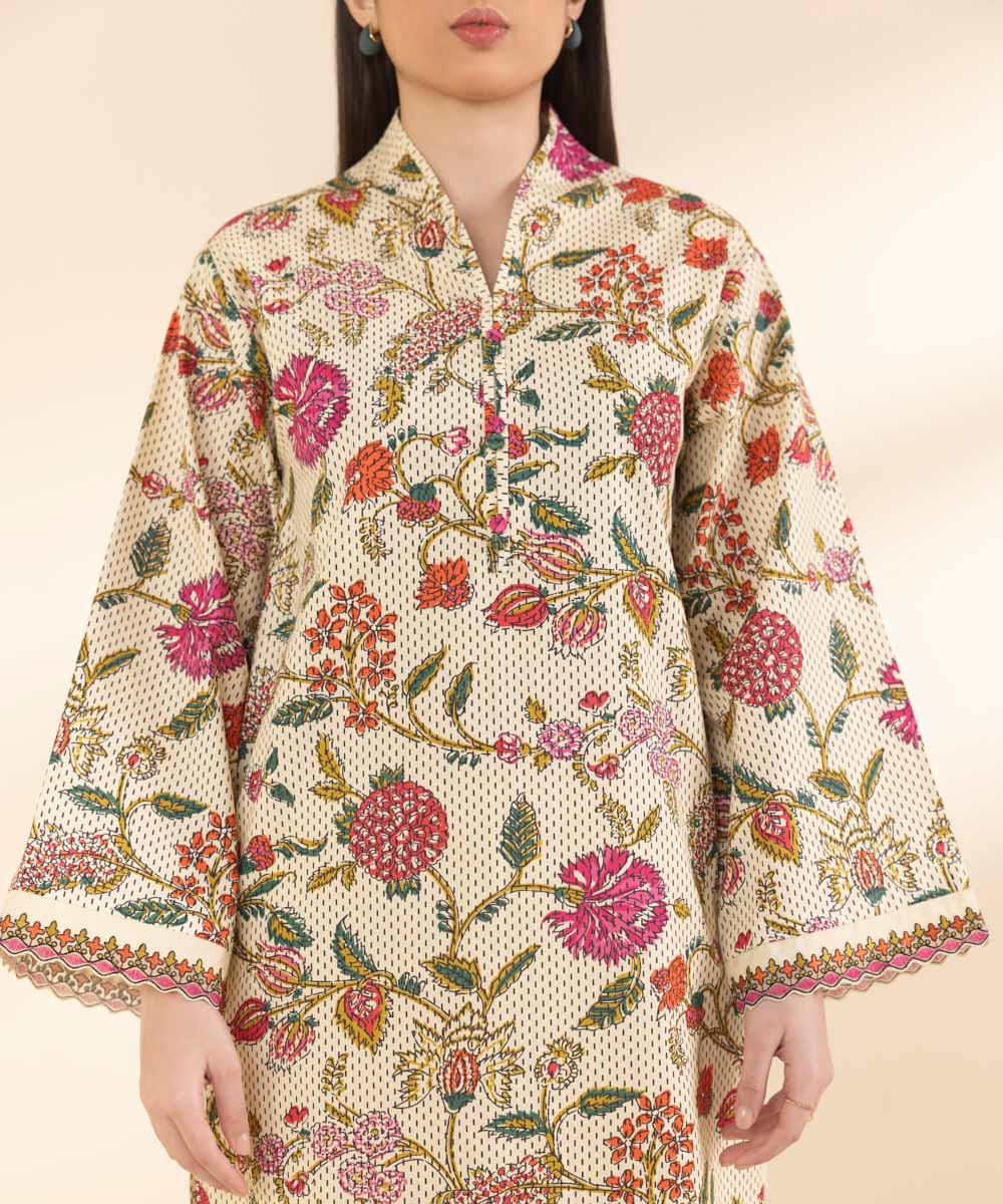 Unstitched Women's Embroidered Lawn Beige Shirt Trousers