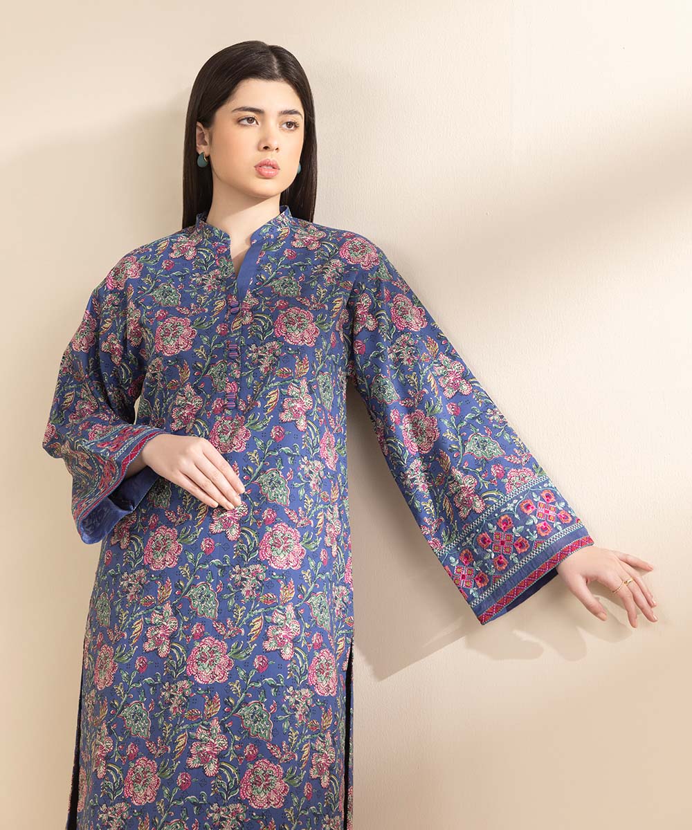 Unstitched Women's Embroidered Lawn Blue Shirt Trousers