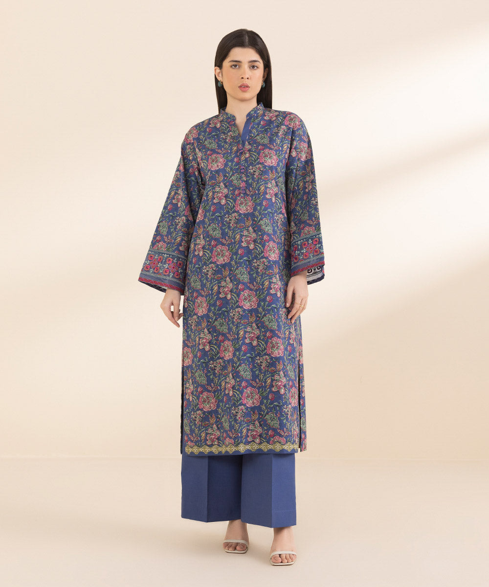 Unstitched Women's Embroidered Lawn Blue Shirt Trousers