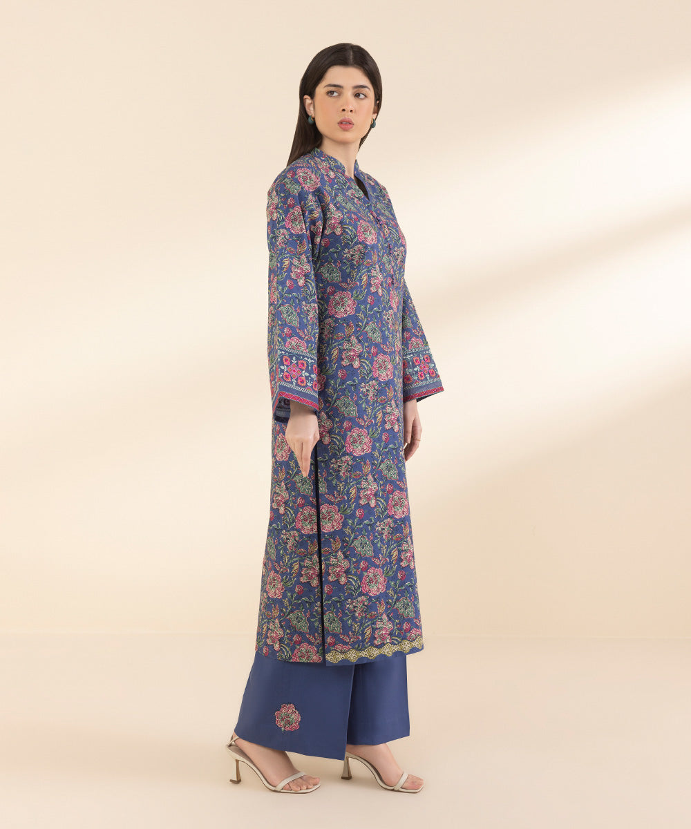 Unstitched Women's Embroidered Lawn Blue Shirt Trousers