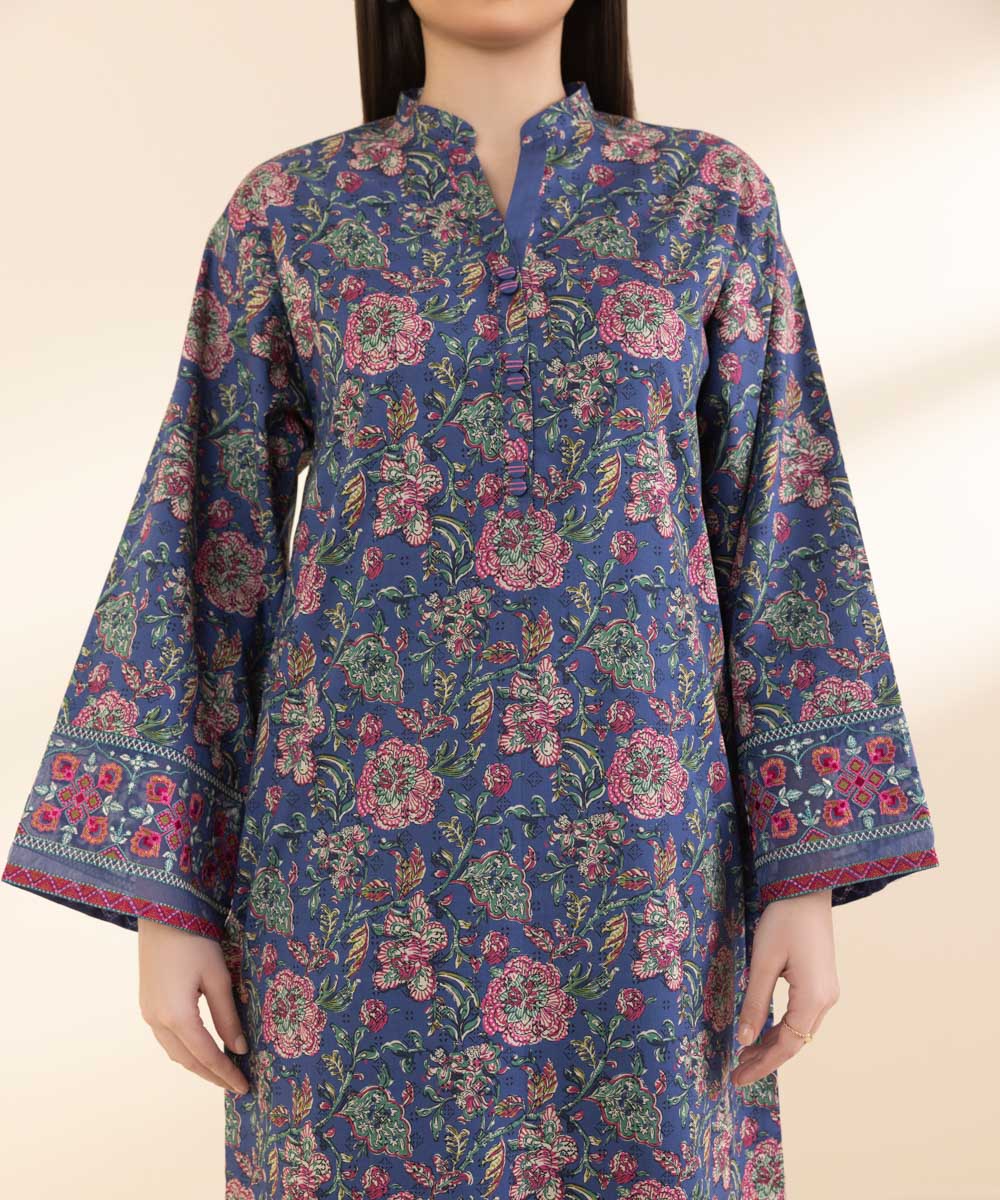 Unstitched Women's Embroidered Lawn Blue Shirt Trousers