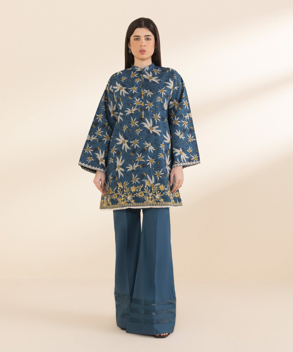 Unstitched Women's Embroidered Lawn Blue Shirt Trousers