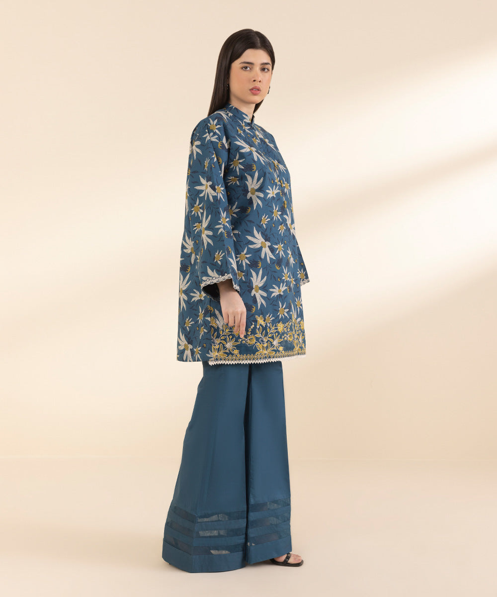 Unstitched Women's Embroidered Lawn Blue Shirt Trousers