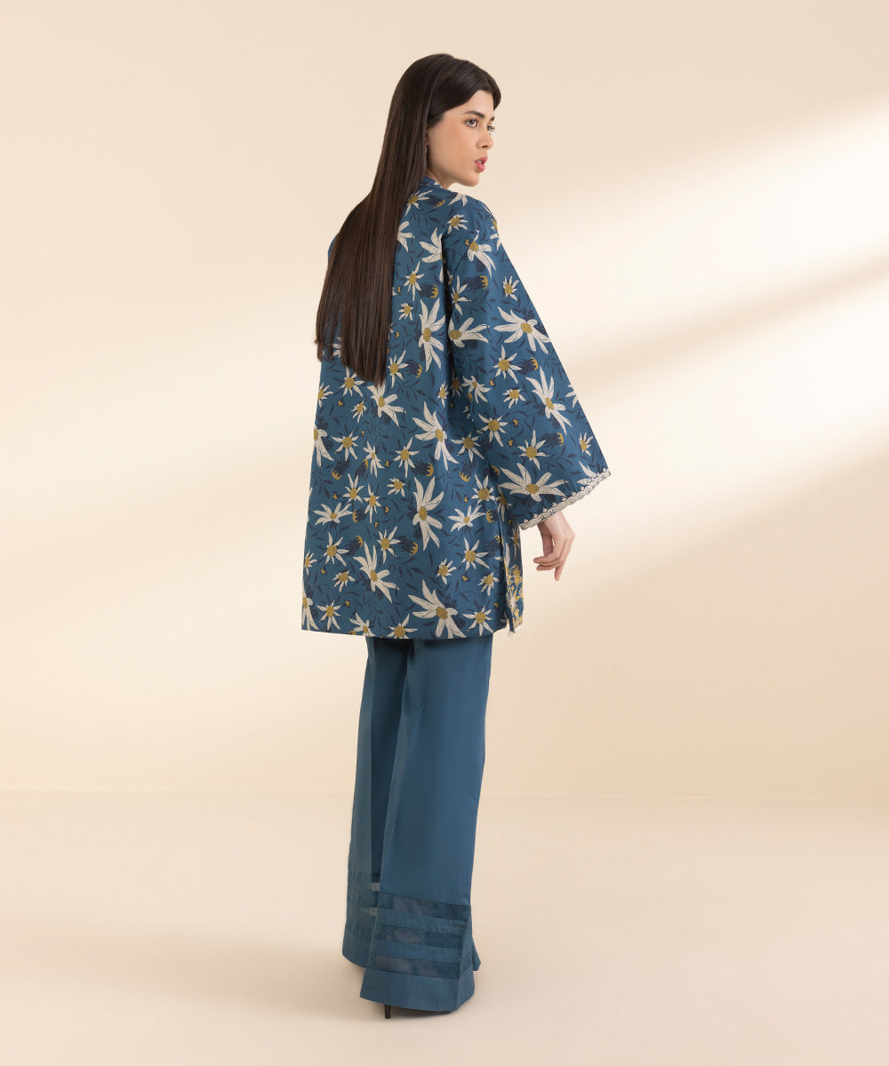 Unstitched Women's Embroidered Lawn Blue Shirt Trousers