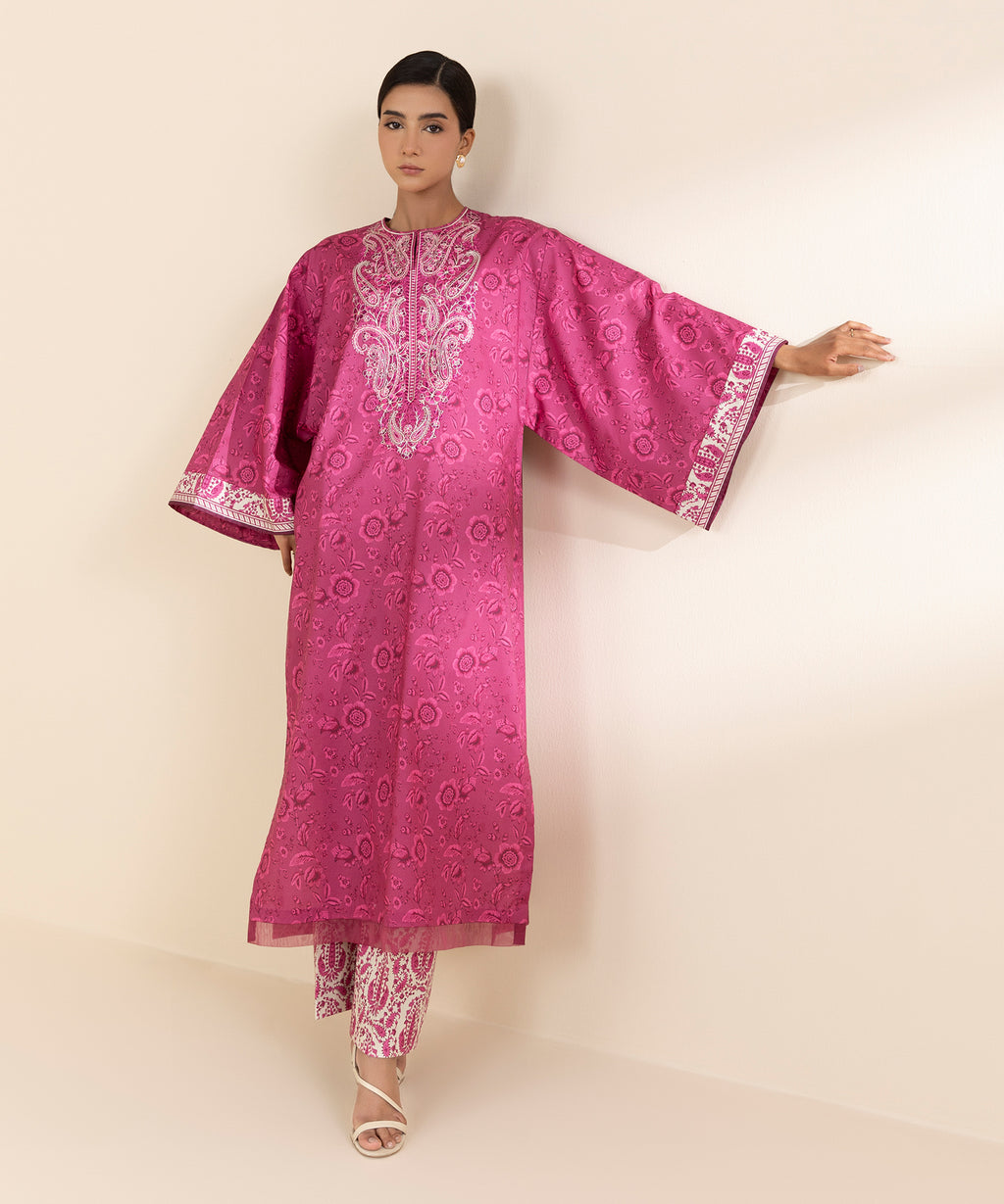 Women's Unstitched Lawn Embroidered Pink 2 Piece Suit
