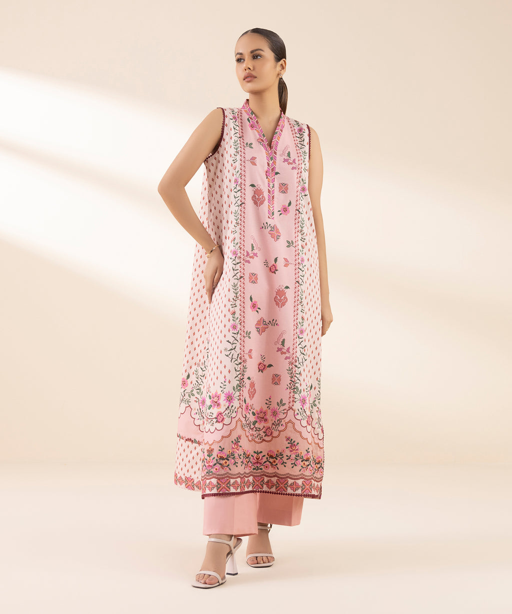 Women's Unstitched Lawn Embroidered Pink 2 Piece Suit