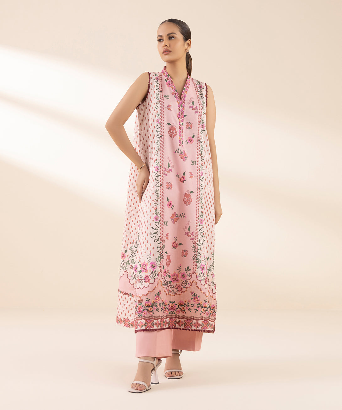 Women's Unstitched Lawn Embroidered Pink 2 Piece Suit