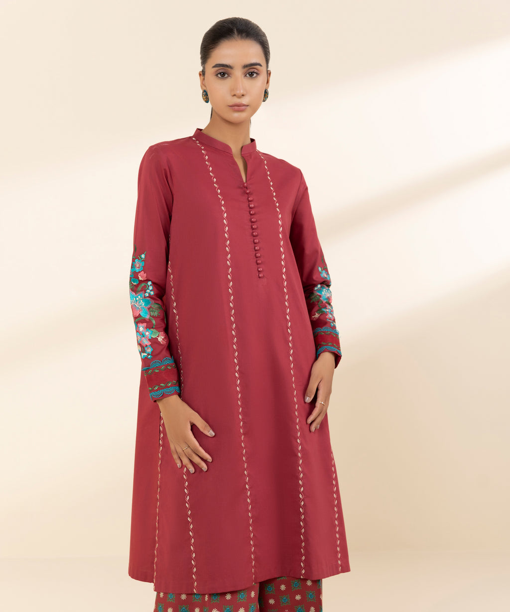 Women's Unstitched Lawn Embroidered Red 2 Piece Suit