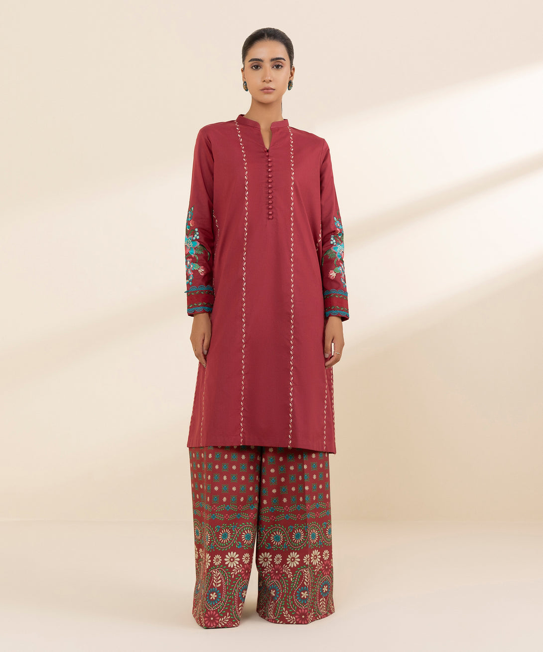 Women's Unstitched Lawn Embroidered Red 2 Piece Suit