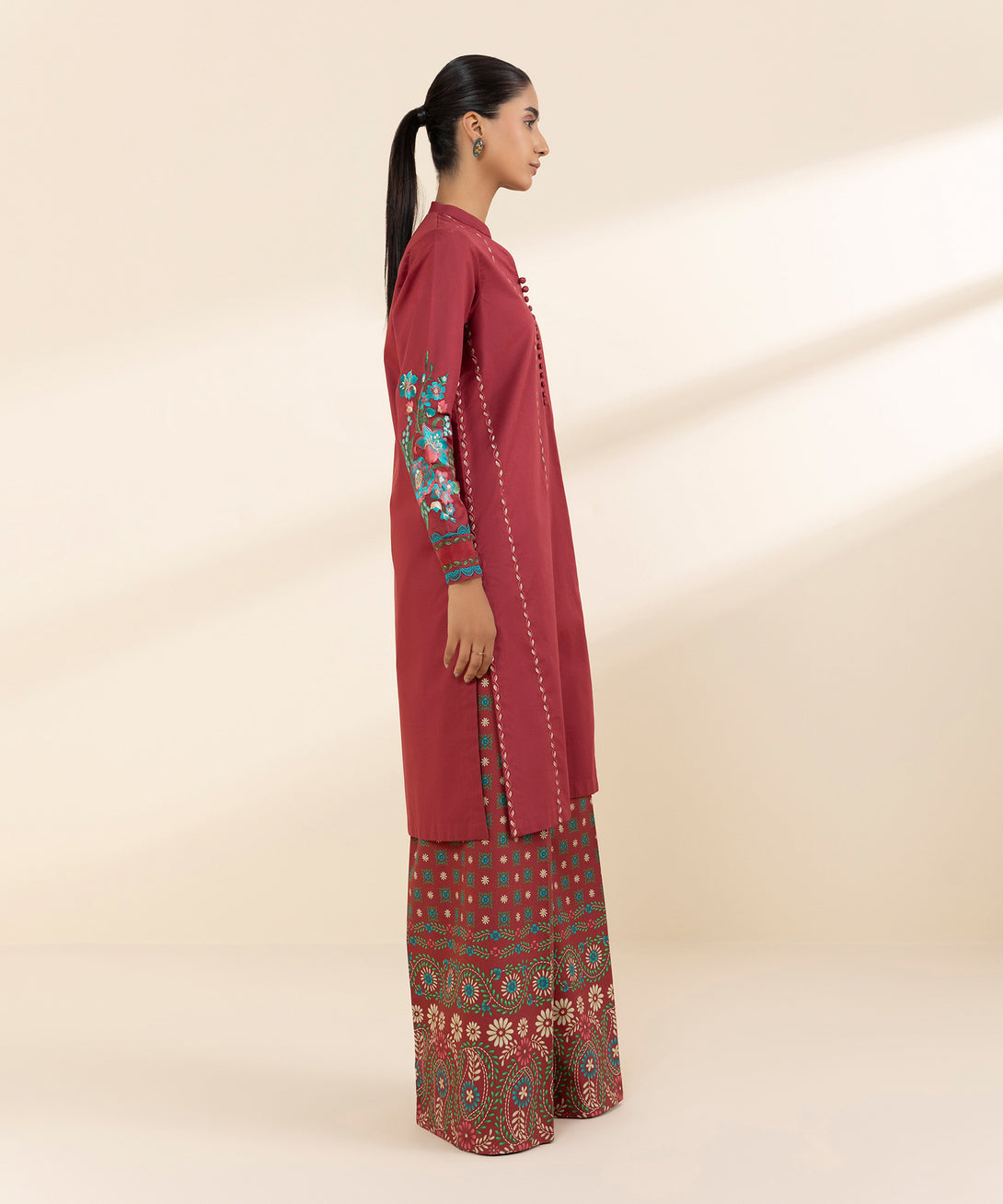 Women's Unstitched Lawn Embroidered Red 2 Piece Suit