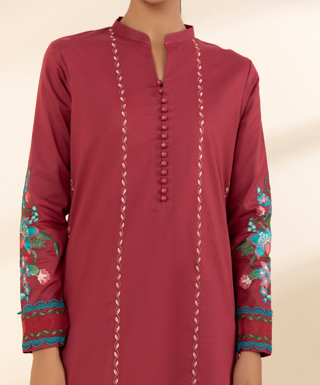 Women's Unstitched Lawn Embroidered Red 2 Piece Suit