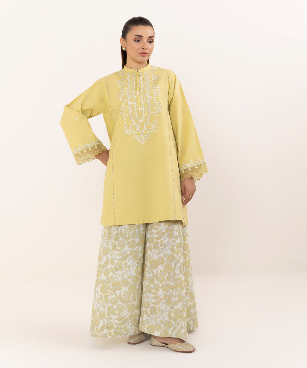 Women's Unstitched Cotton Embroidered Mustard Two Piece Suit