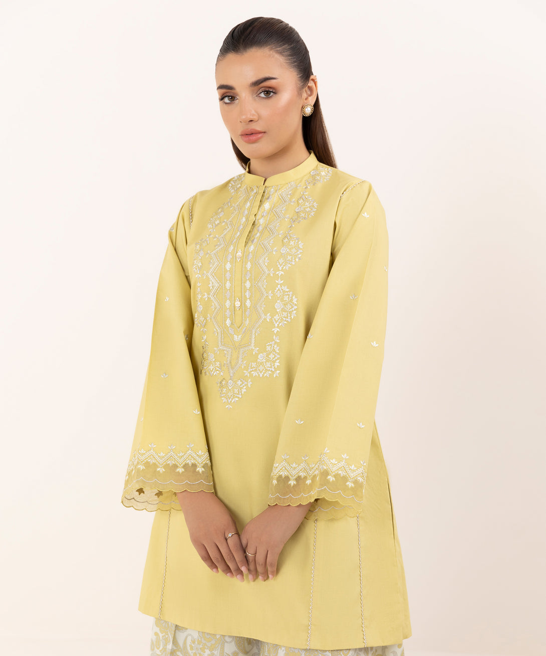 Women's Unstitched Cotton Embroidered Mustard Two Piece Suit