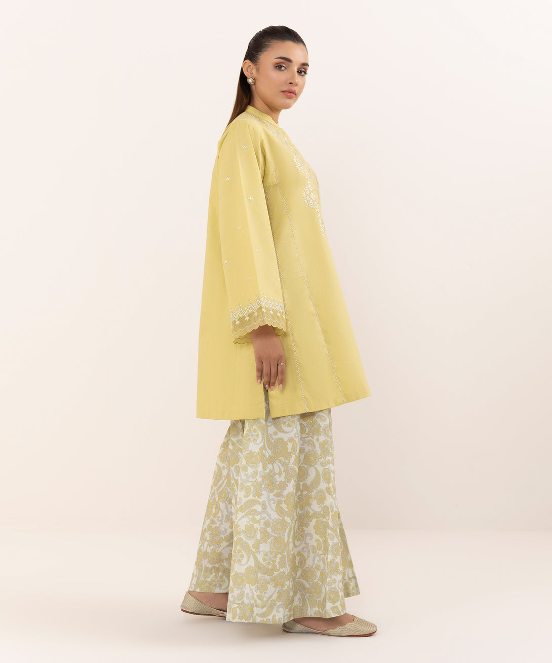 Women's Unstitched Cotton Embroidered Mustard Two Piece Suit