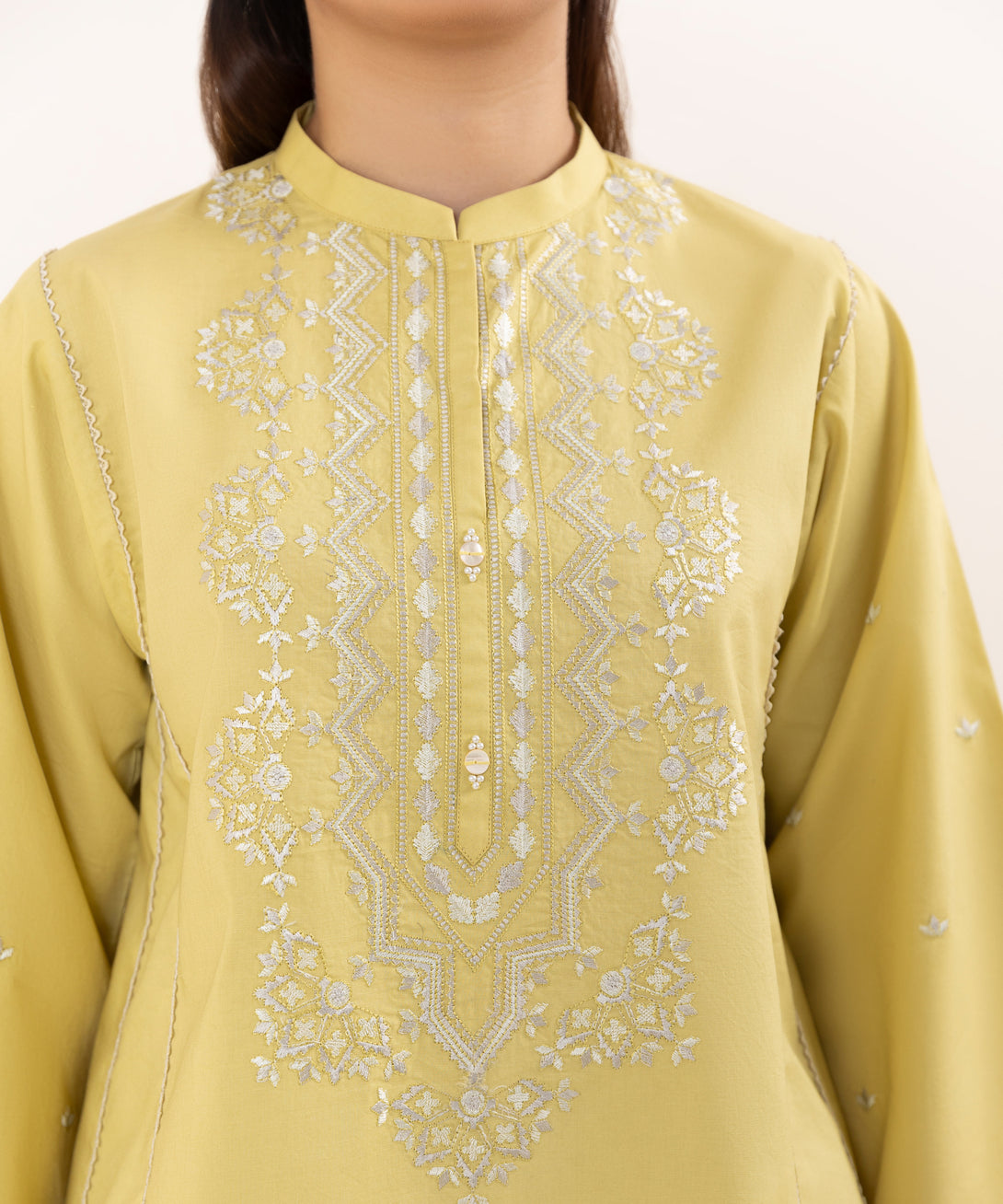 Women's Unstitched Cotton Embroidered Mustard Two Piece Suit
